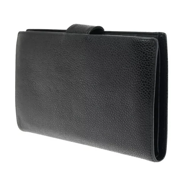 CHANEL CC Logo Long Bifold Wallet Purse Caviar Skin Leather Black France